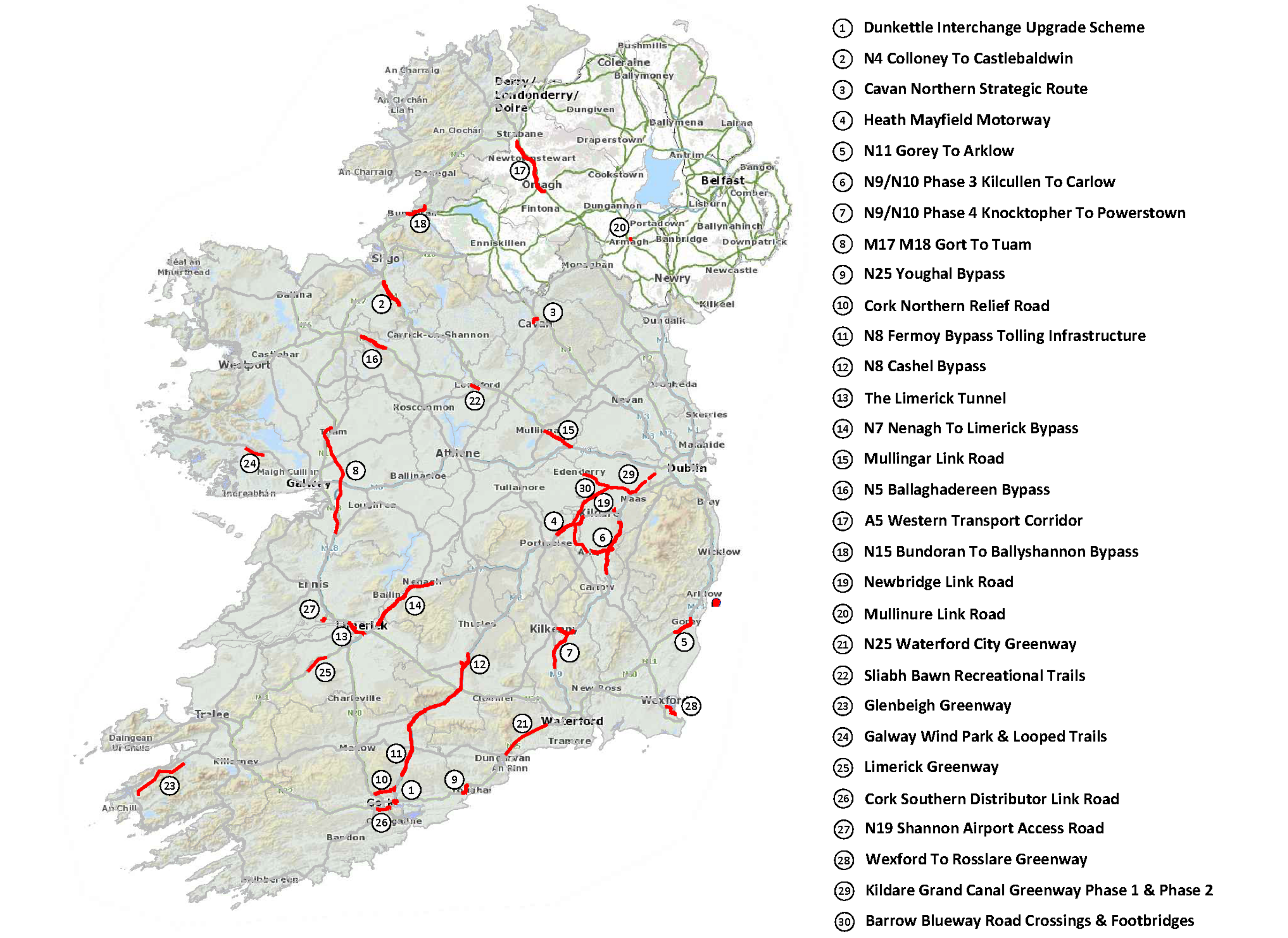 Image of map of Ireland road, highway, greenway and blue projects