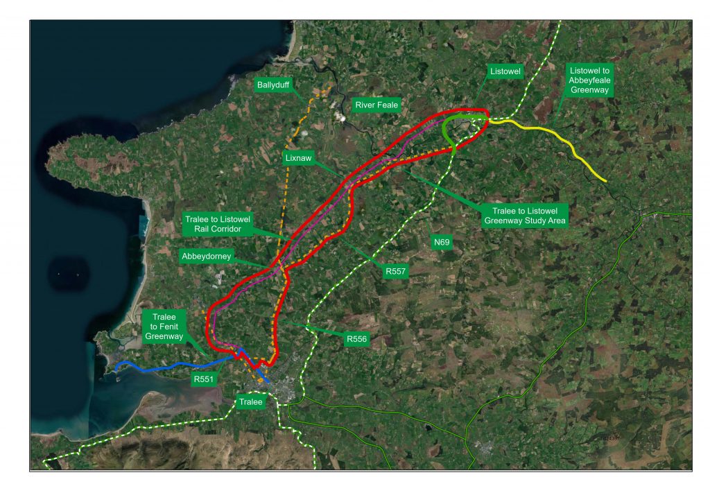 Study area of the Tralee to Listowel Greenway